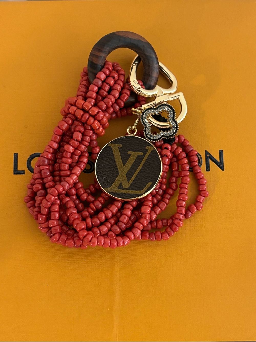 Louis Vuitton Monogram, Clover, Wood, Beaded Bag Charm 5 in